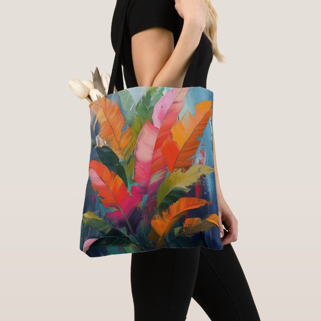 Tropical Feathers – Vibrant Botanical Abstraction Tote Bag (Close Up)