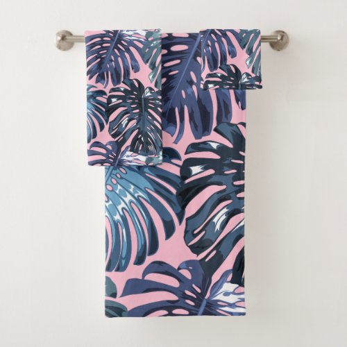 Tropical Feminine Blue Pink Jungle Leaves Bath Towel Set