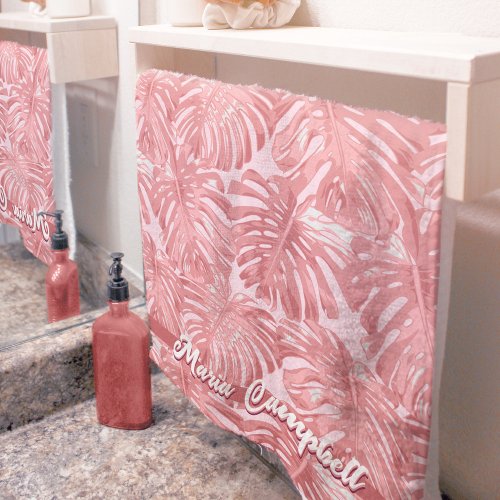 Tropical Feminine Pink Jungle Leaves Name Bath Towel Set