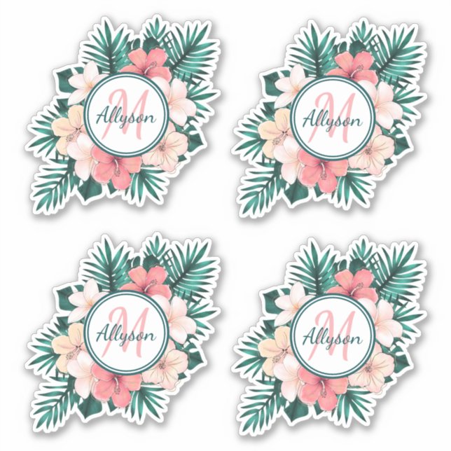 Tropical Fern Hibiscus Frame Monogram Contour Sticker (Front)