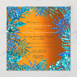 Tropical Fern Leaf Beach Ocean Blue Orange Glitter Invitation