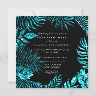 Tropical Fern Leafs Frame Ocean Blue Black Turqois Invitation