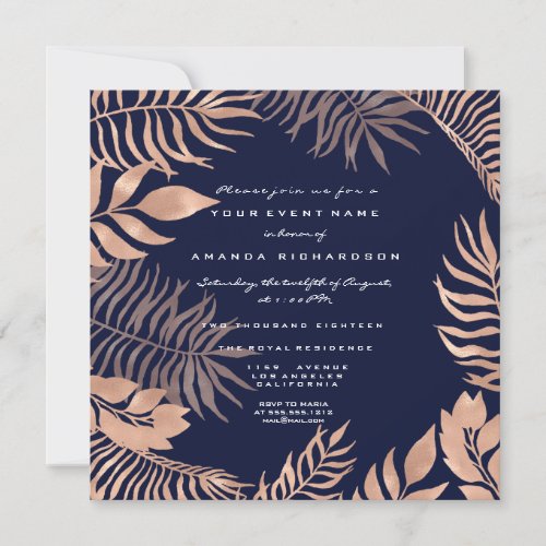 Tropical Fern Leafs Frame Rose Gold Blue Navy Invitation