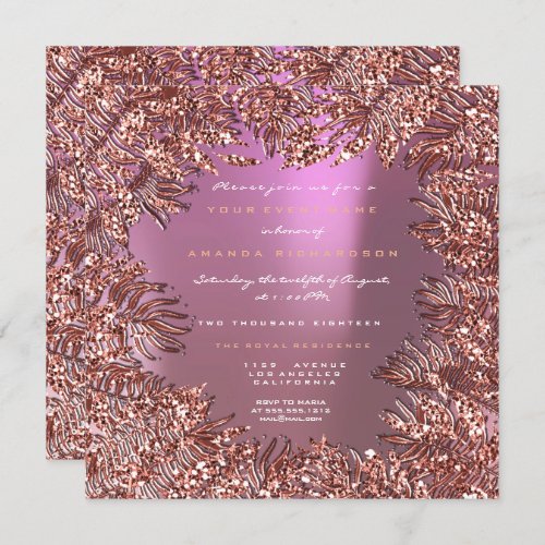 Tropical Fern Leafs Frame Rose Gold Copper Pink Invitation