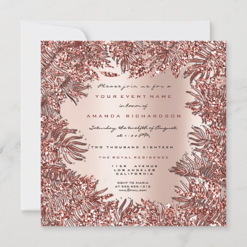 Tropical Fern Leafs Framed Rose Gold Pink Metallic Invitation