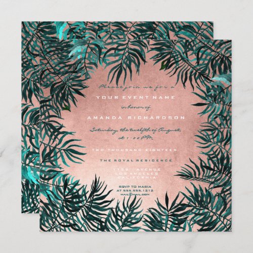 Tropical Fern Leafs Framed Teal Cali Pink Woodland Invitation