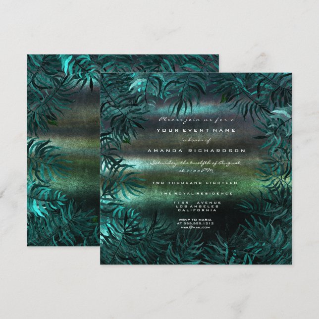 Tropical Fern Leafs Framed Teal Woodland Green Invitation (Front/Back)