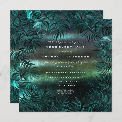 Tropical Fern Leafs Framed Teal Woodland Green Invitation