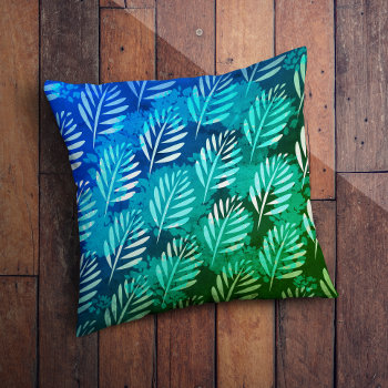 Tropical Fern Leaves Blue And Green Throw Pillow by VillageDesign at Zazzle