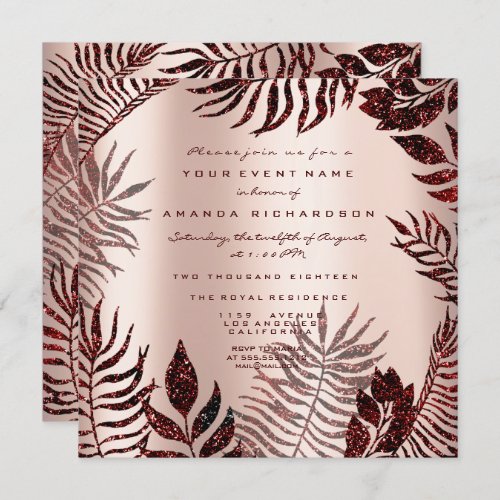 Tropical Fern Wreath Rose Gold Red Maroon Wine Invitation