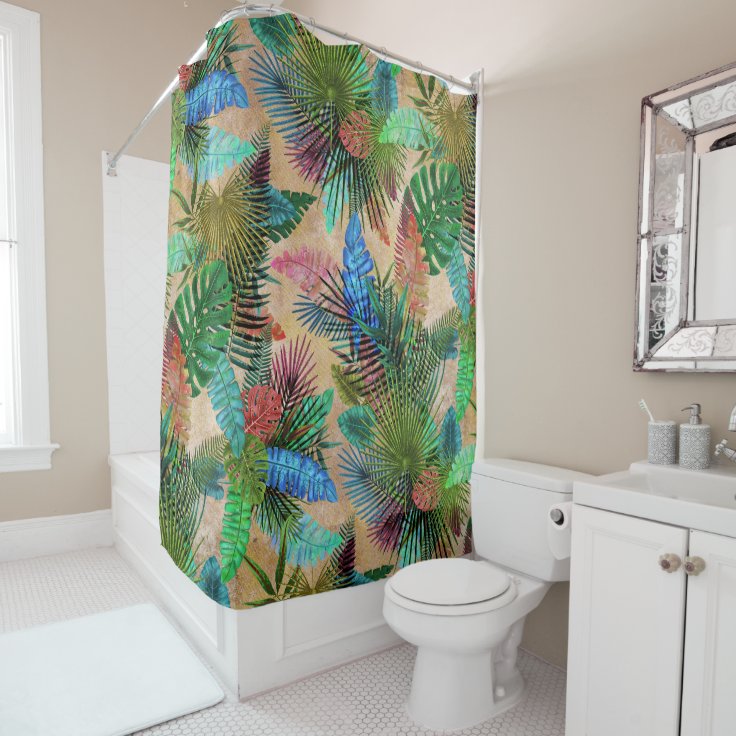 Tropical ferns, palm and banana leaves shower curtain | Zazzle