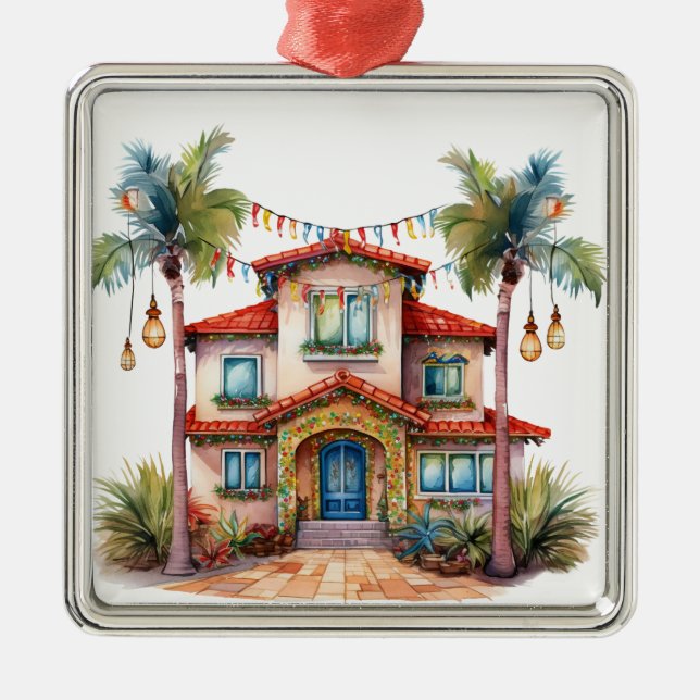 TROPICAL FESTIVE CHRISTMAS BEACH HOUSE METAL ORNAMENT (Front)