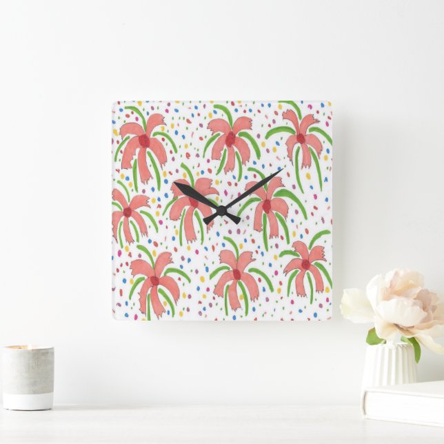 Tropical Fiesta Flowers Square Wall Clock (Home)