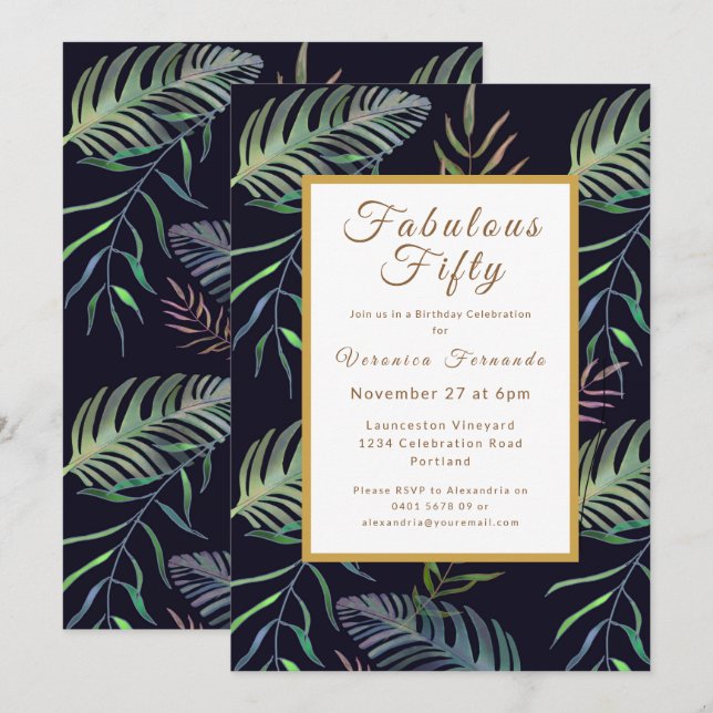 Tropical fiftieth green gold birthday party invitation (Front/Back)