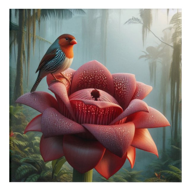 Tropical Finch and Rafflesia in Foggy Rainforest  Acrylic Print (Front)
