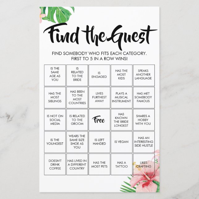 Tropical Find the Guest Bingo Game (Front)