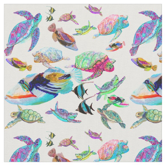 Tropical Fish and Sea Turtle Fabric by the Yard (Close Up)