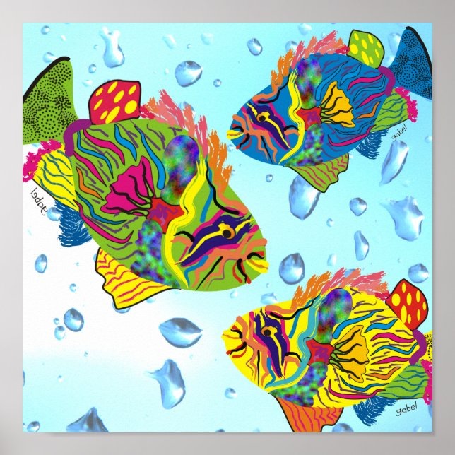 Tropical Fish Art Poster, Whimsical Fish Poster (Front)