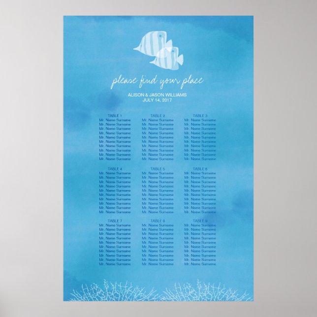 Tropical fish beach wedding dinner seating chart (Front)