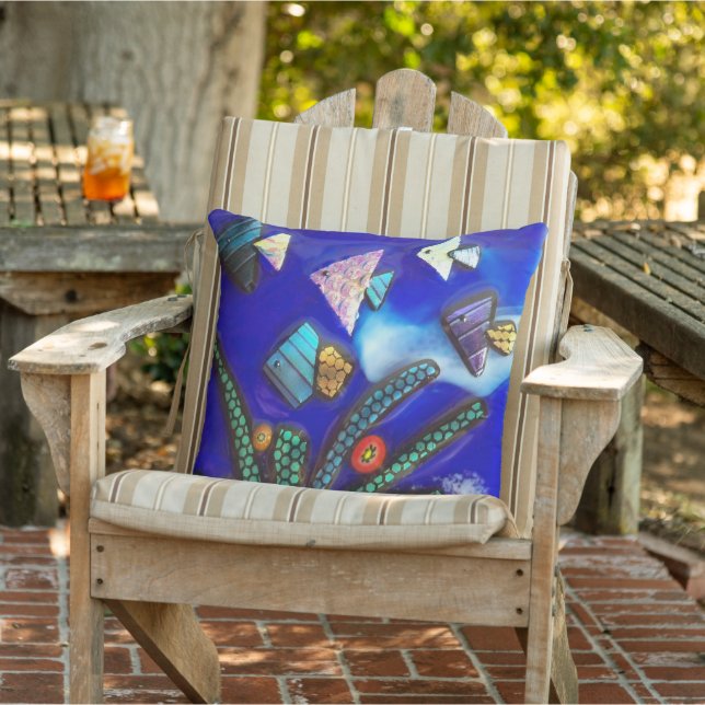 Tropical Fish Blue Dichroic Fused Glass Mosaic Art Outdoor Pillow (Chair)