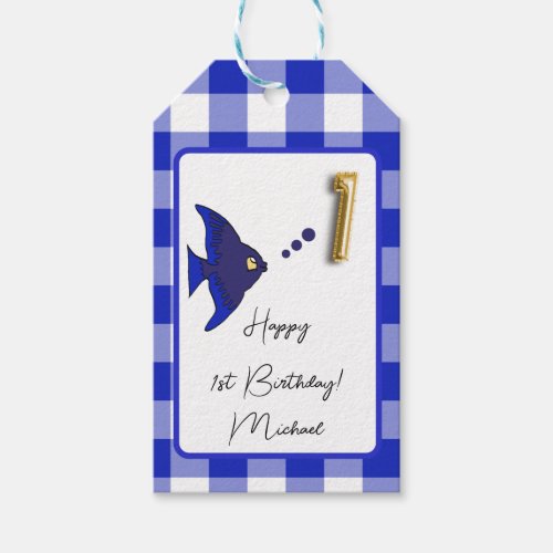 Tropical Fish Blue Gingham Happy 1st Birthday Gift Tags