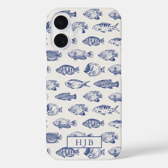 Tropical Fish Blue Sketch Monogram iPhone 16 Case (Back)
