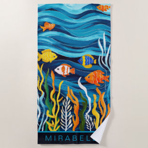 Tropical Fish & Blue Waves Custom Beach Towel