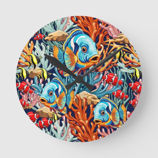 Tropical Fish Colorful Summer Vibes Round Clock (Front)