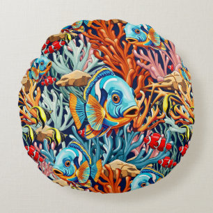 Tropical Fish Colorful Summer Vibes Round Pillow