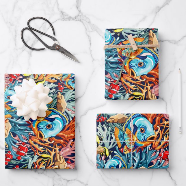 Tropical Fish Colorful Summer Vibes Wrapping Paper Sheets (Front)