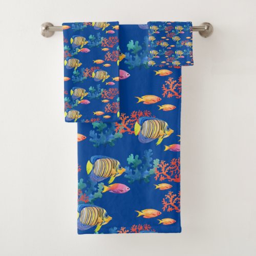 Tropical Fish  Coral on Blue  Bath Towel Set