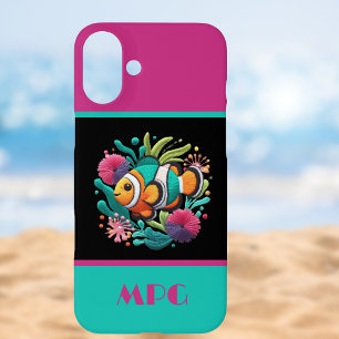 Tropical Fish - Faux Embroidery Blue Pink Monogram iPhone 16 Plus Case