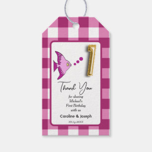 Tropical Fish, Magenta Gingham Birthday Thanks Gift Tags