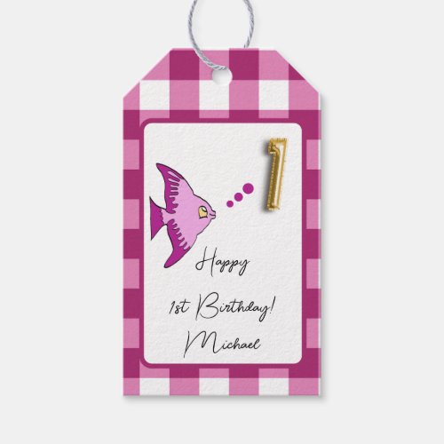 Tropical Fish Magenta Gingham Happy 1st Birthday Gift Tags