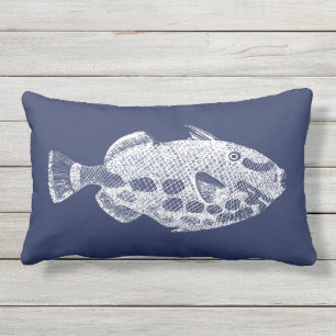 Tropical Fish Navy Blue White Outdoor  Lumbar Pill Pillow