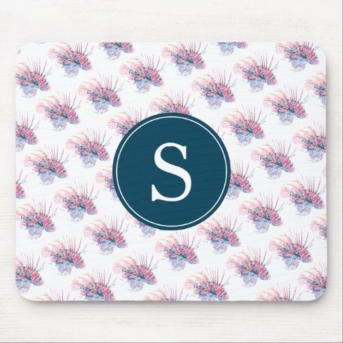 Tropical Fish Pattern Blue and Red Monogram Mouse Pad