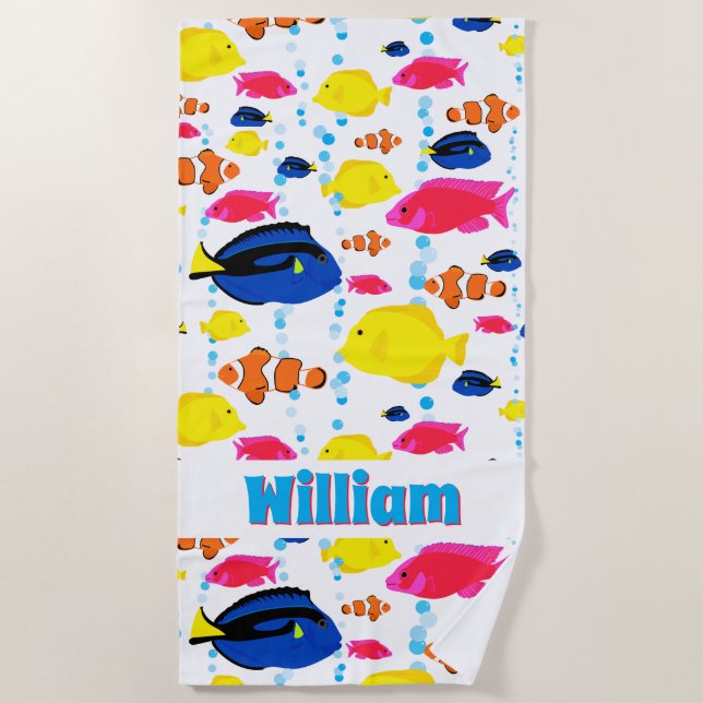 Tropical Fish Personalized Boys Fun Bright Color Beach Towel (Front)