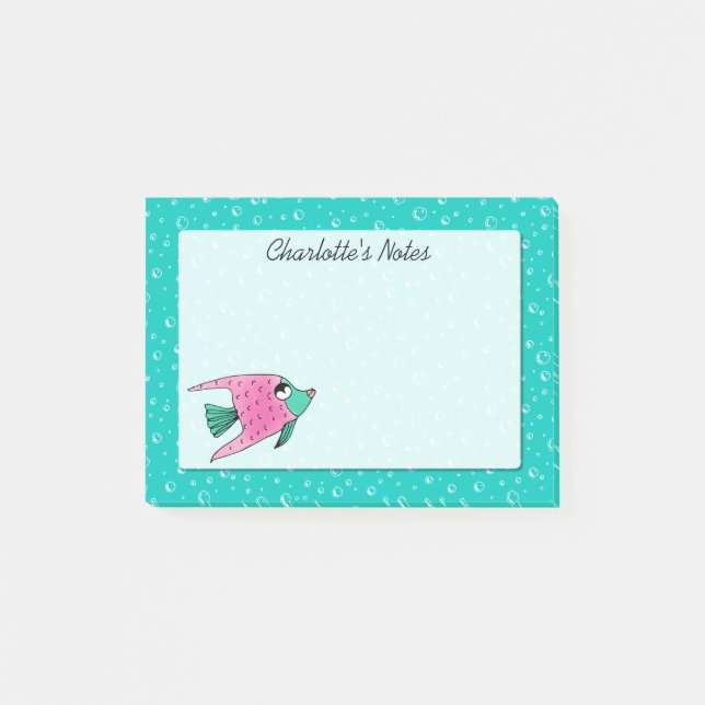 Tropical Fish Pink and Teal Personalized Post-it Notes (Front)