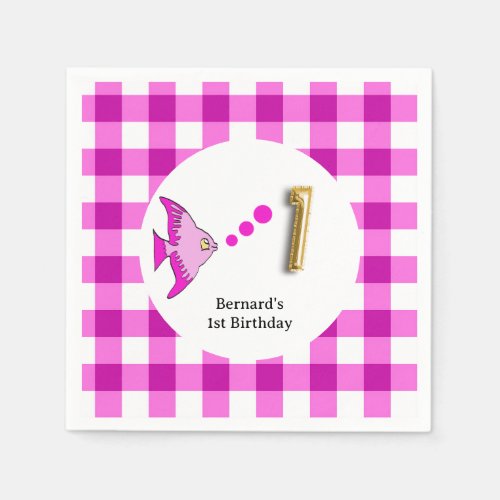 Tropical Fish  Pink Gingham 1st Birthday Napkins