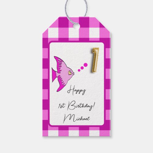 Tropical Fish Pink Gingham Happy 1st Birthday Gift Tags
