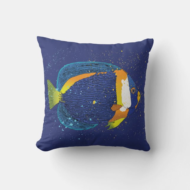 Tropical Fish Print Navy Blue and Yellow Nature Throw Pillow (Front)