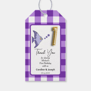 Tropical Fish, Purple Gingham Birthday Thanks Gift Tags