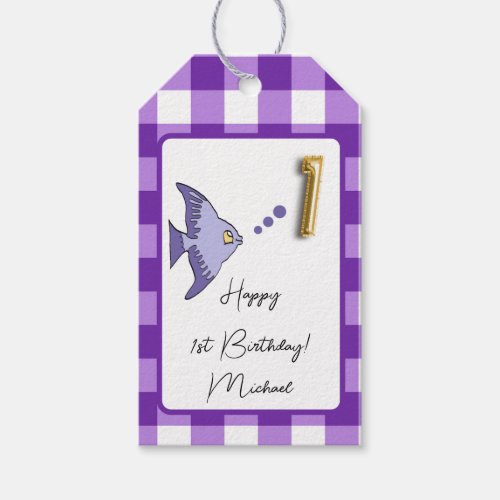 Tropical Fish Purple Gingham Happy 1st Birthday Gift Tags