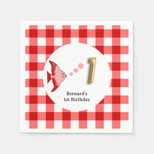 Tropical Fish  Red Gingham 1st Birthday Napkins