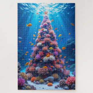 Tropical Fish Swimming Around Christmas Coral Tree Jigsaw Puzzle
