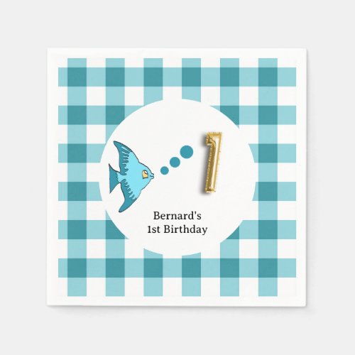 Tropical Fish  Teal Blue Gingham 1st Birthday Napkins
