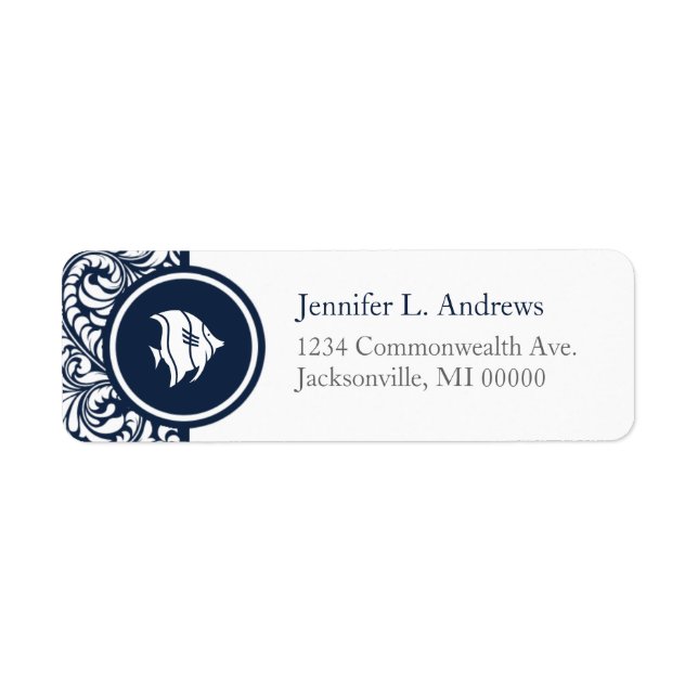 Tropical Fish Theme Navy Damask Address Labels (Front)
