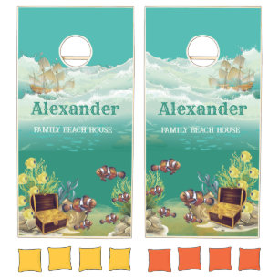 Tropical Fish Underwater Reef Treasure Chest Ship Cornhole Set