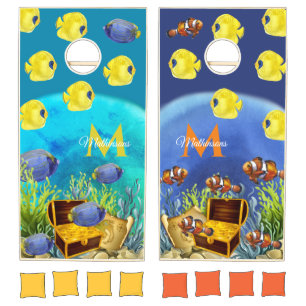 Tropical fish underwater reef with treasure chest cornhole set