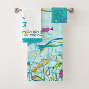 Tropical Fish Underwater Teal Illustration Bath Towel Set